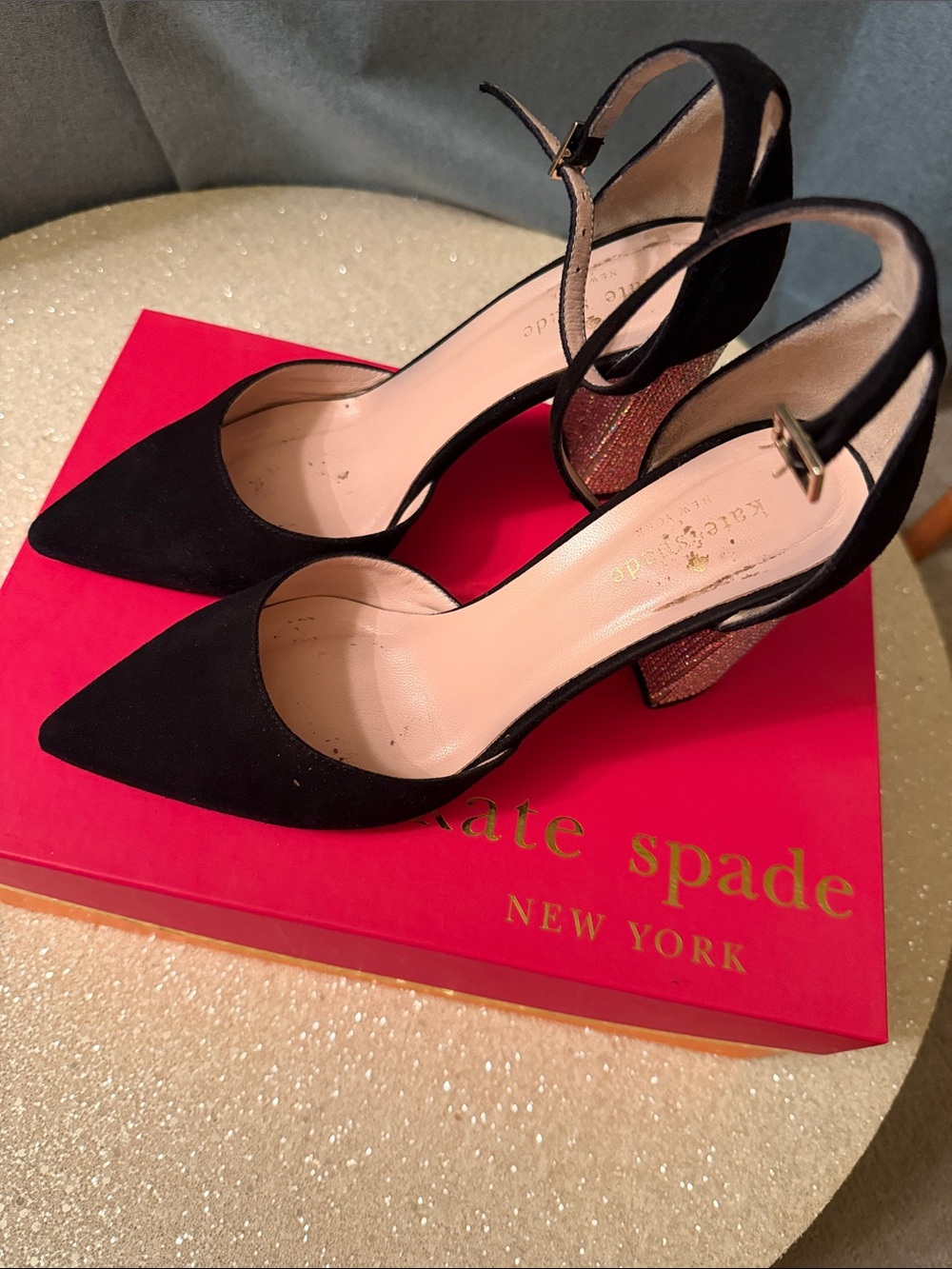 kate spade Black Pointed Toe Slingback Heels with Glitter Block Heel